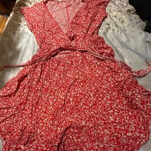 Red and White Plunge Neck Wrap Sundress